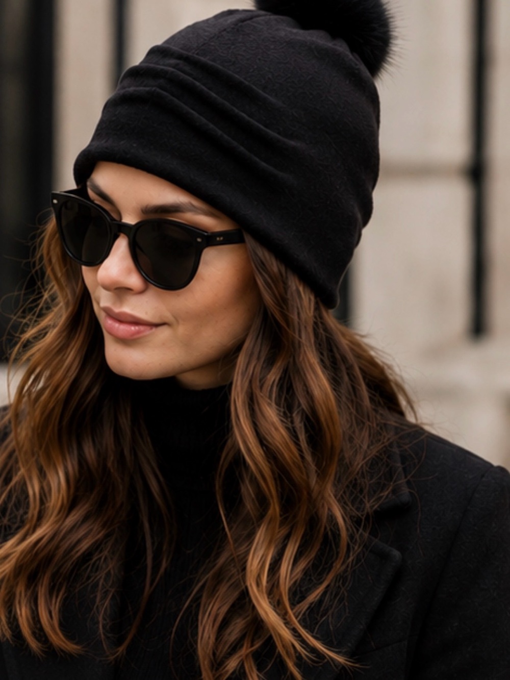 Helene Berman Black Wool Beanie Hat Real Fox Fur Pom Pom Pleated Detail